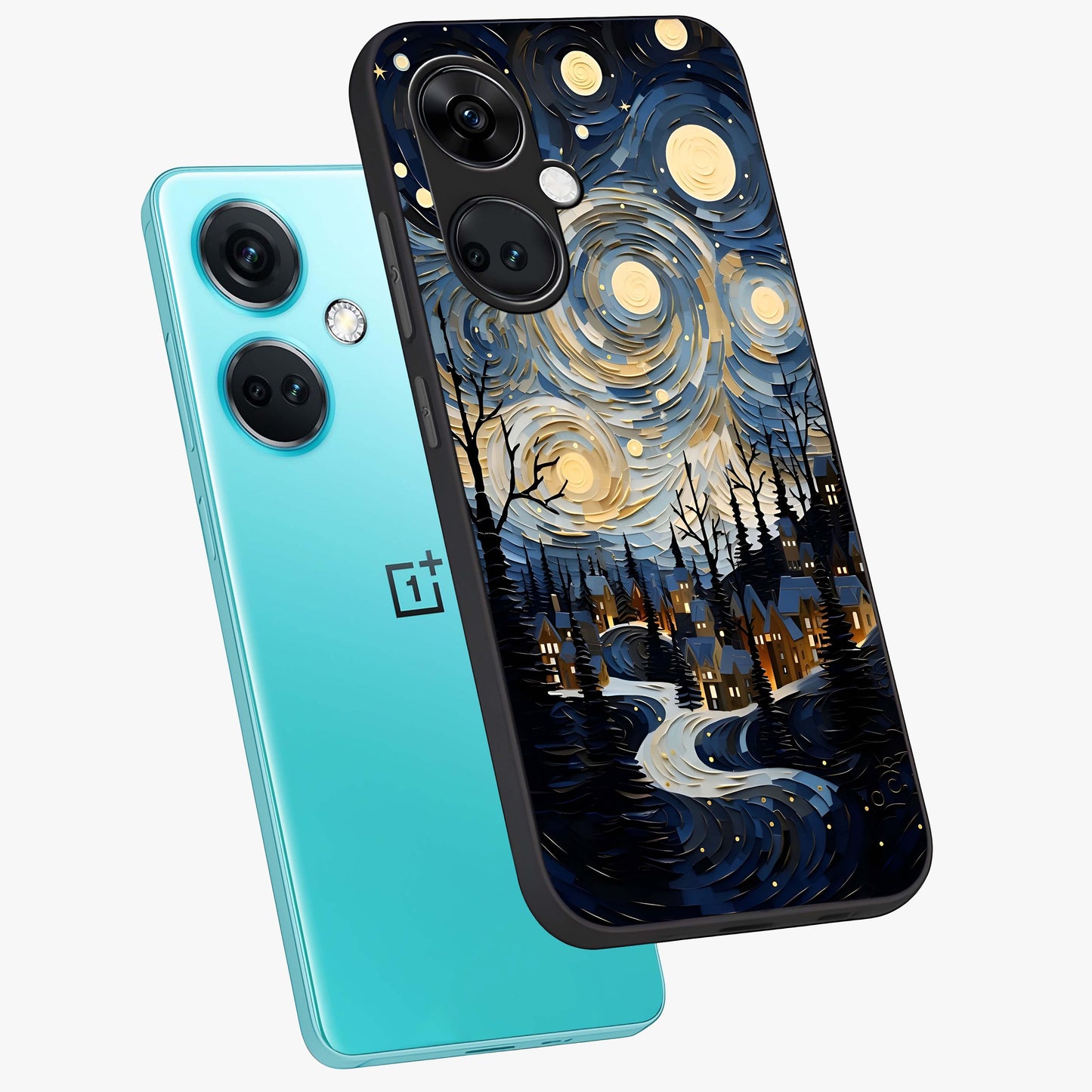 Starry Winter Town Glass Case for 1+Nord Ce 3 angled mockup showcasing glossy finish and cool winter tones