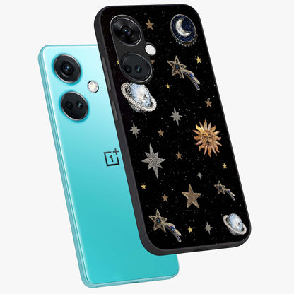 Stars and Planets Brooches Glass Case for 1+Nord Ce 3 angled mockup showcasing glossy finish and luminous space tones