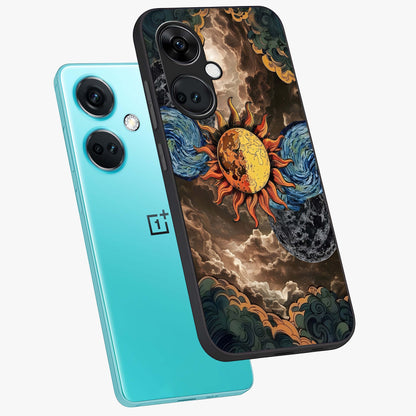 Sun Kissed Valley Glass Case for 1+Nord Ce 3 angled mockup showcasing glossy finish and warm sunset gradients