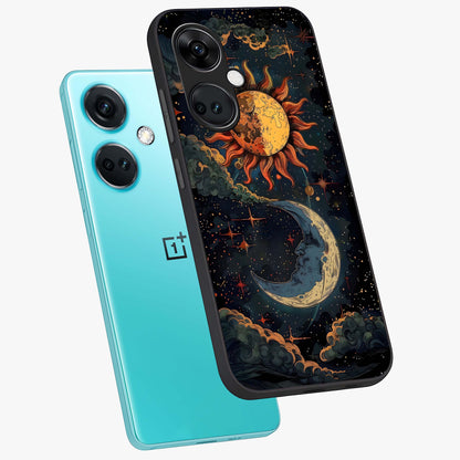 Sun and Moonflowers Glass Case for 1+Nord Ce 3 angled mockup showcasing glossy finish and warm radiant tones