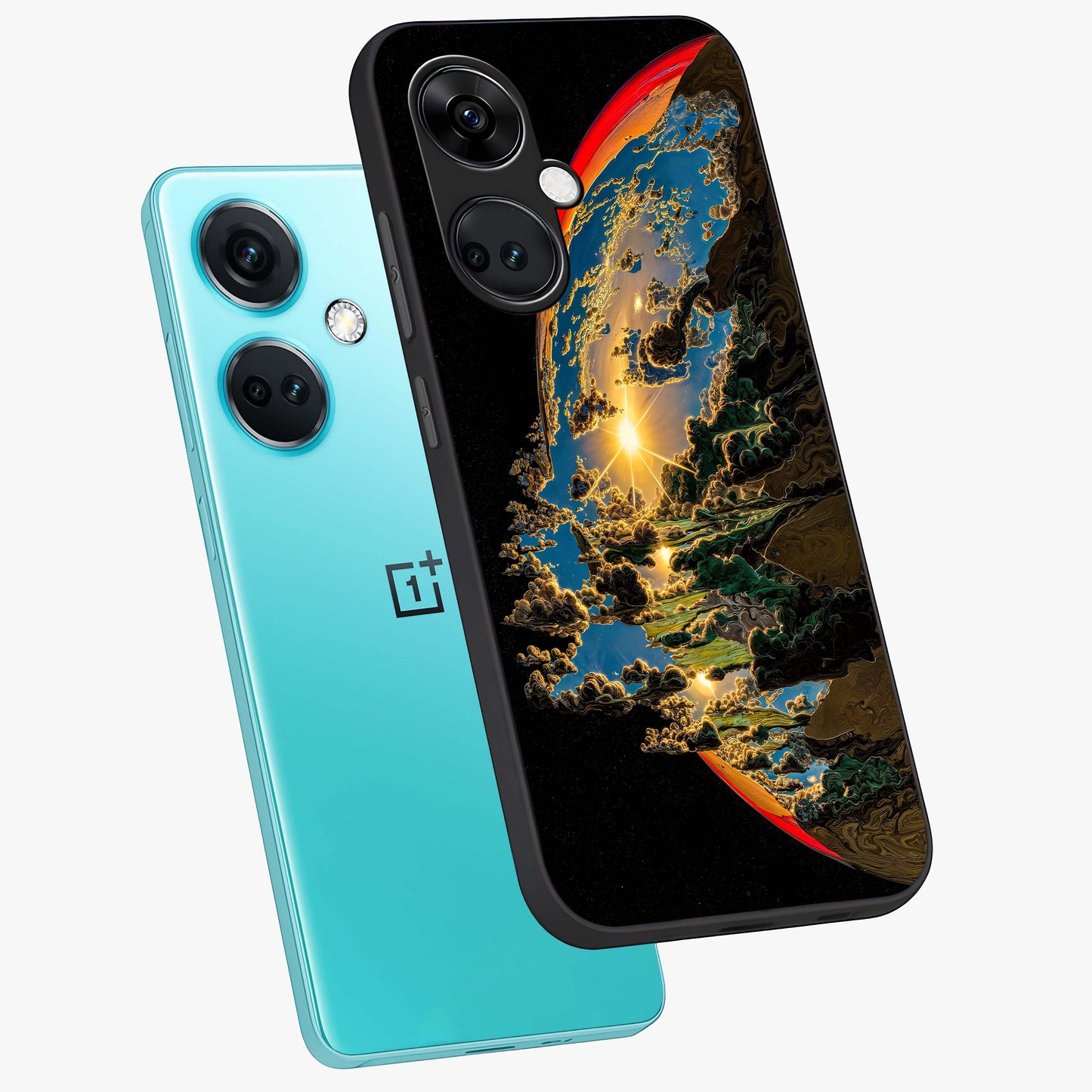 Sunrise Bursting Glass Case for 1+Nord Ce 3 angled mockup showcasing glossy finish and warm golden gradients