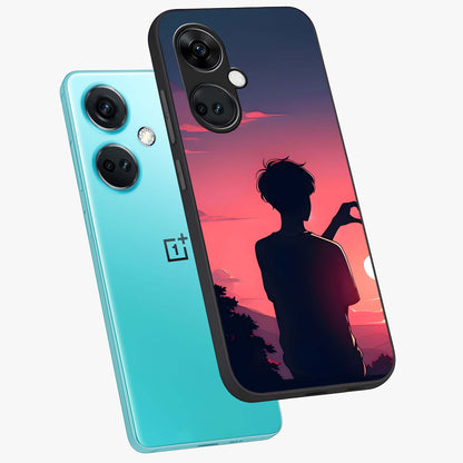 Sunset Silhouette Girl Glass Case for 1+Nord Ce 3 angled mockup showcasing glossy finish and warm gradient tones