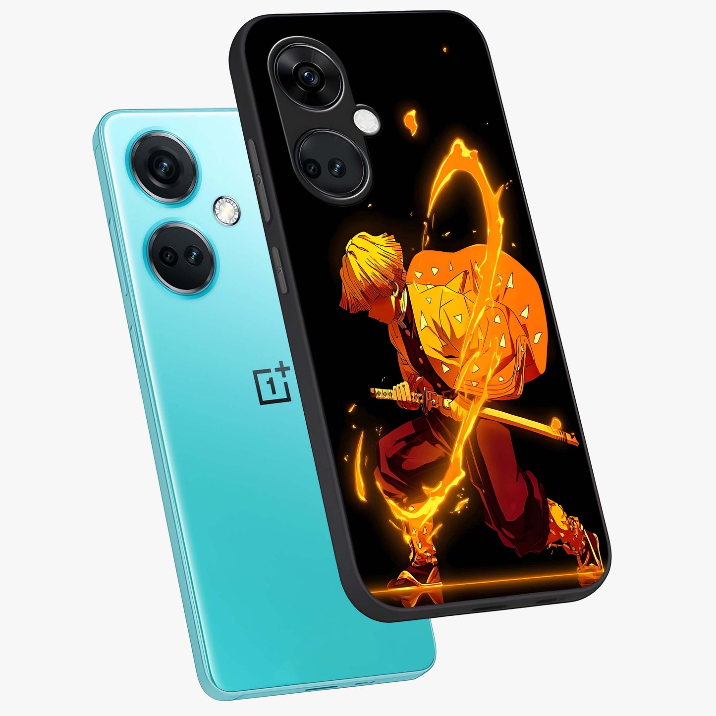 Thunder Flame Execution Glass Case for 1+Nord Ce 3 angled mockup showcasing glossy finish and dramatic high contrast tones