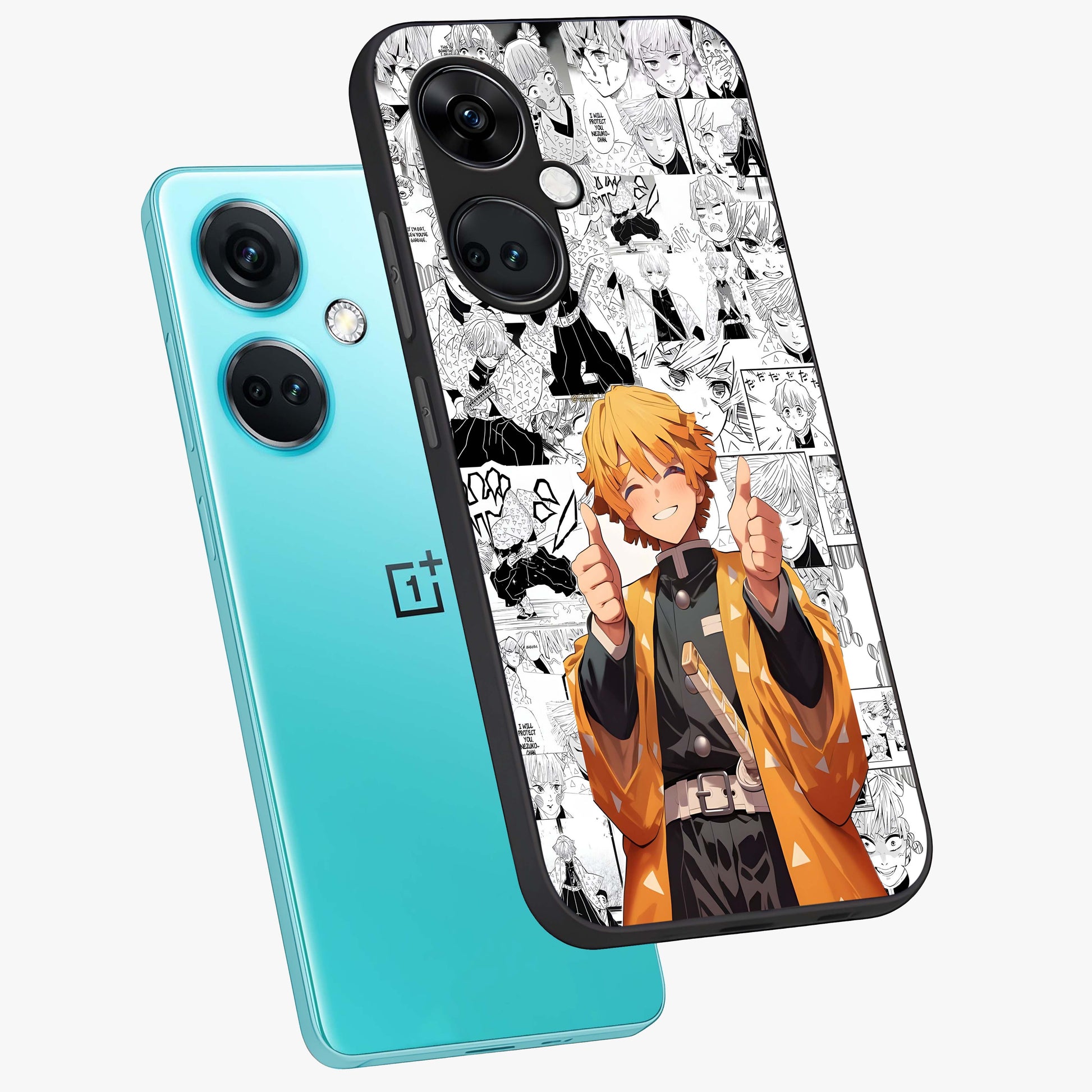 Thunder Smile Hero Glass Case for 1+Nord Ce 3 angled mockup showcasing glossy glass finish and high energy detailing