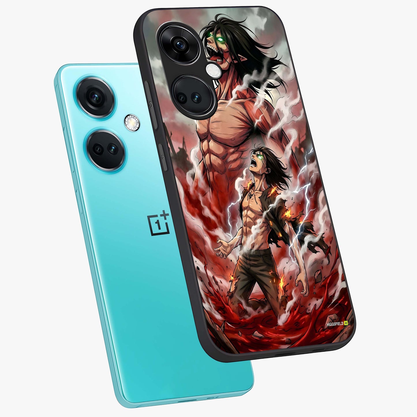 Titan Awakening Fury Glass Case for 1+Nord Ce 3 angled mockup showcasing glossy finish and dramatic action detailing