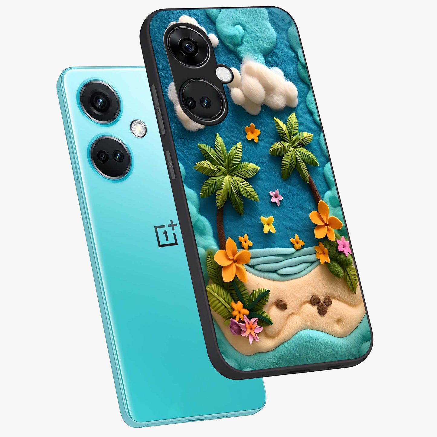 Tropical Felt Escape Glass Case for 1+Nord Ce 3 angled mockup showcasing glossy finish and vibrant island tones