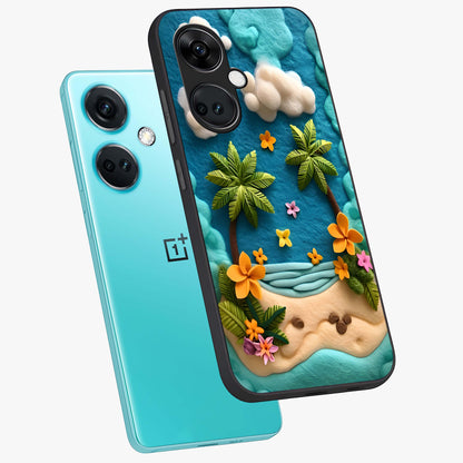 Tropical Felt Escape Glass Case for 1+Nord Ce 3 angled mockup showcasing glossy finish and vibrant island tones