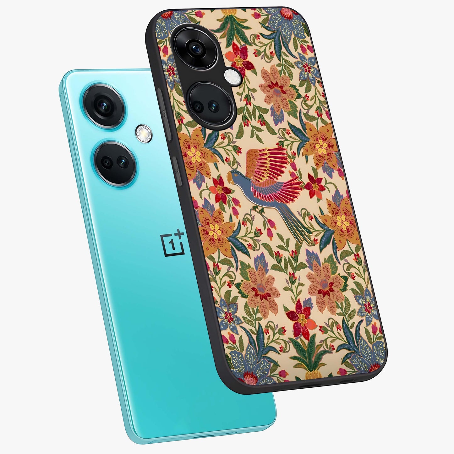 Tropical Folk Art Bird Glass Case for 1+Nord Ce 3 angled mockup showcasing glossy finish and rich cultural tones