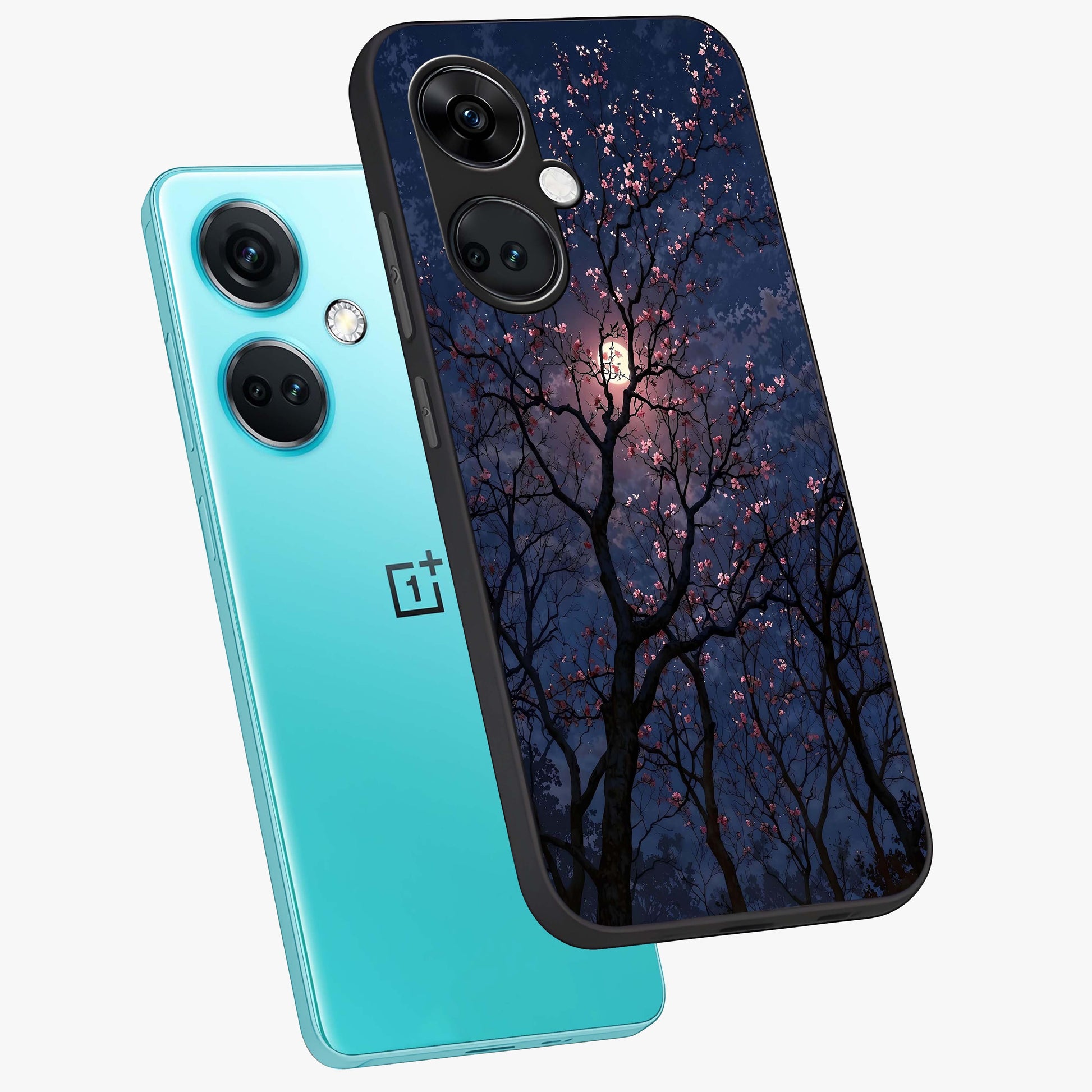 Twilight Sakura Serenade Glass Case for 1+Nord Ce 3 angled mockup showcasing glossy glass finish and soft purple gradients