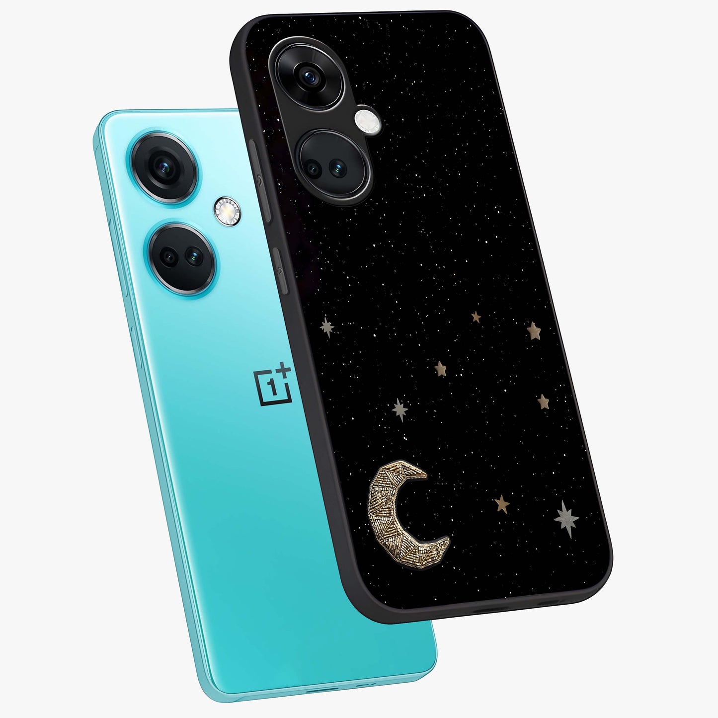 Twinkle Star With Half Moon Glass Case for 1+Nord Ce 3 angled mockup showcasing glossy finish and celestial night tones