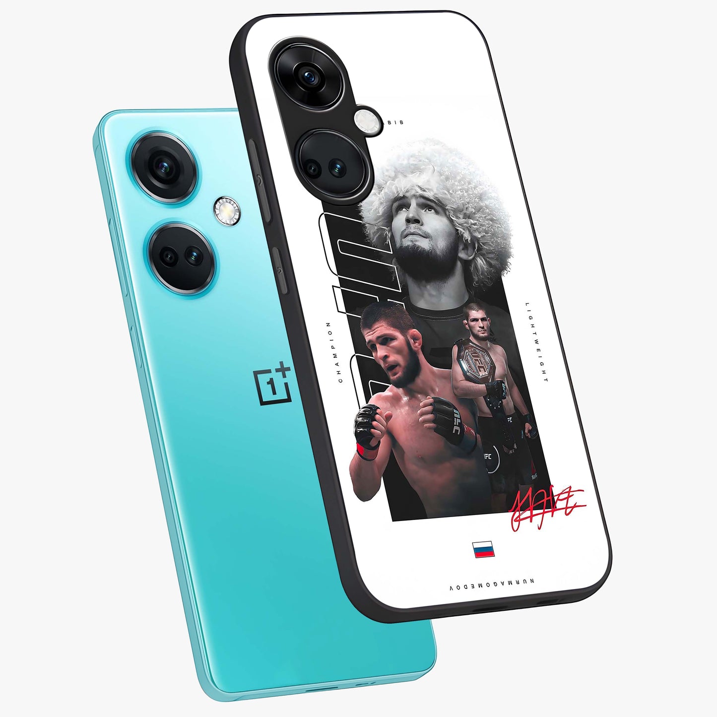 Unbeaten Warrior Legacy Glass Case for 1+Nord Ce 3 angled mockup showcasing glossy finish and strong action detailing