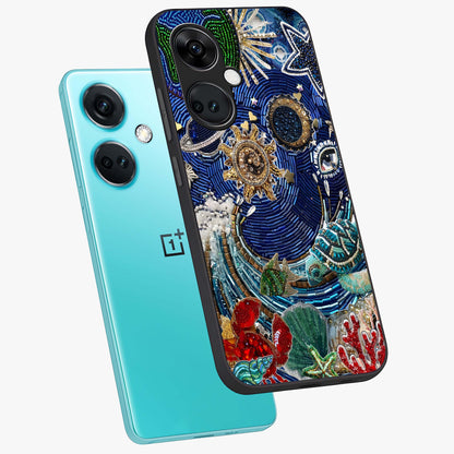 Universe Underwater Spark Glass Case for 1+Nord Ce 3 angled mockup showcasing glossy finish and glowing blue gradients