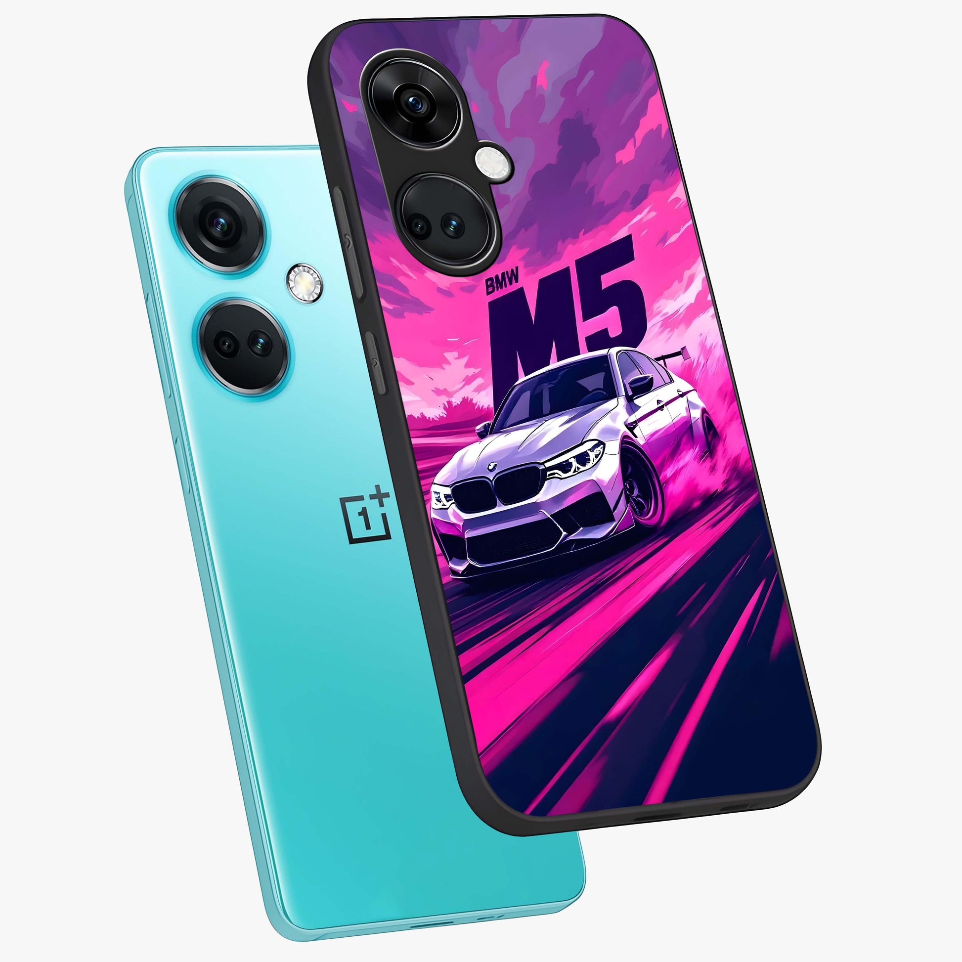 Velocity Drift Pulse Glass Case for 1+Nord Ce 3 angled mockup showcasing glossy finish and bold speed gradients