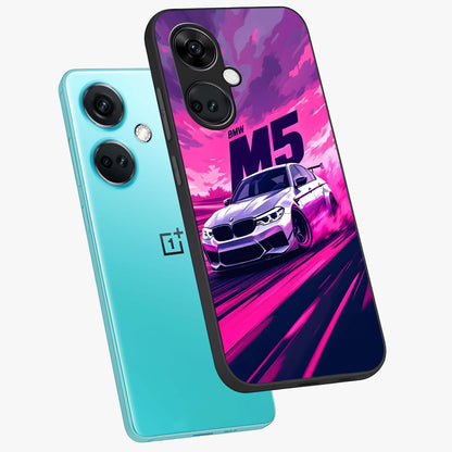 Velocity Drift Pulse Glass Case for 1+Nord Ce 3 angled mockup showcasing glossy finish and bold speed gradients