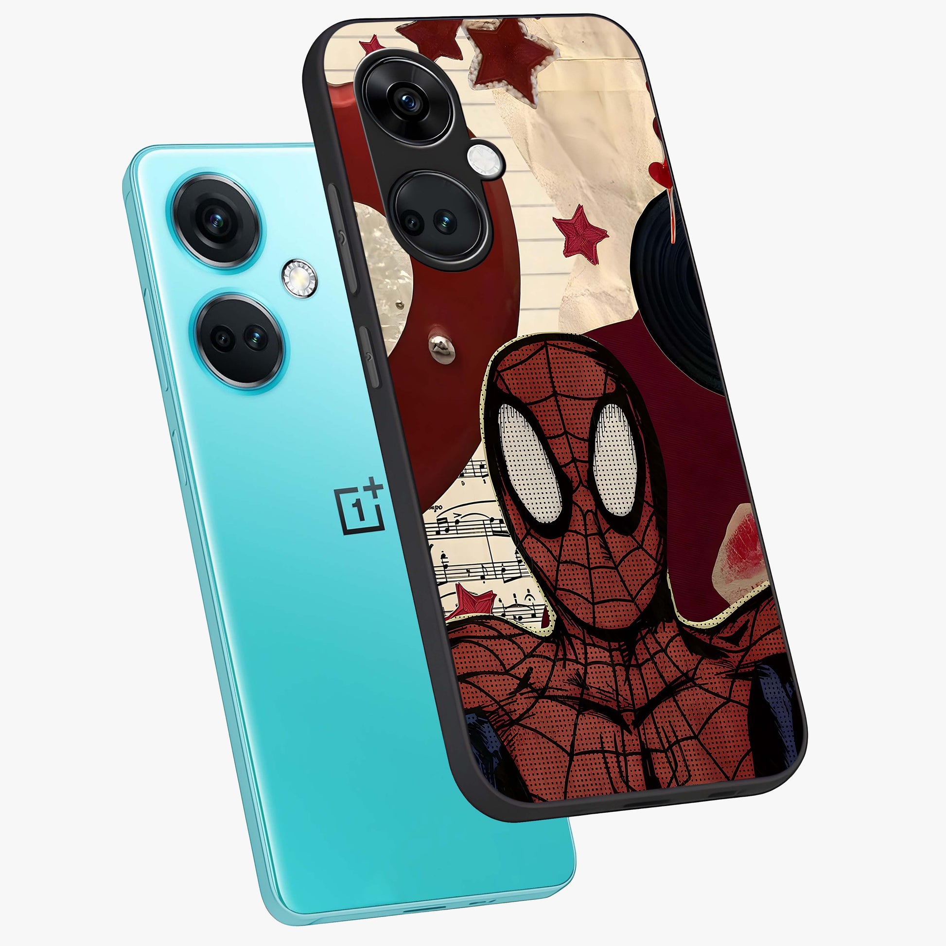 Web Warrior Vibes Glass Case for 1+Nord Ce 3 angled mockup showcasing glossy finish and bold comic style detailing