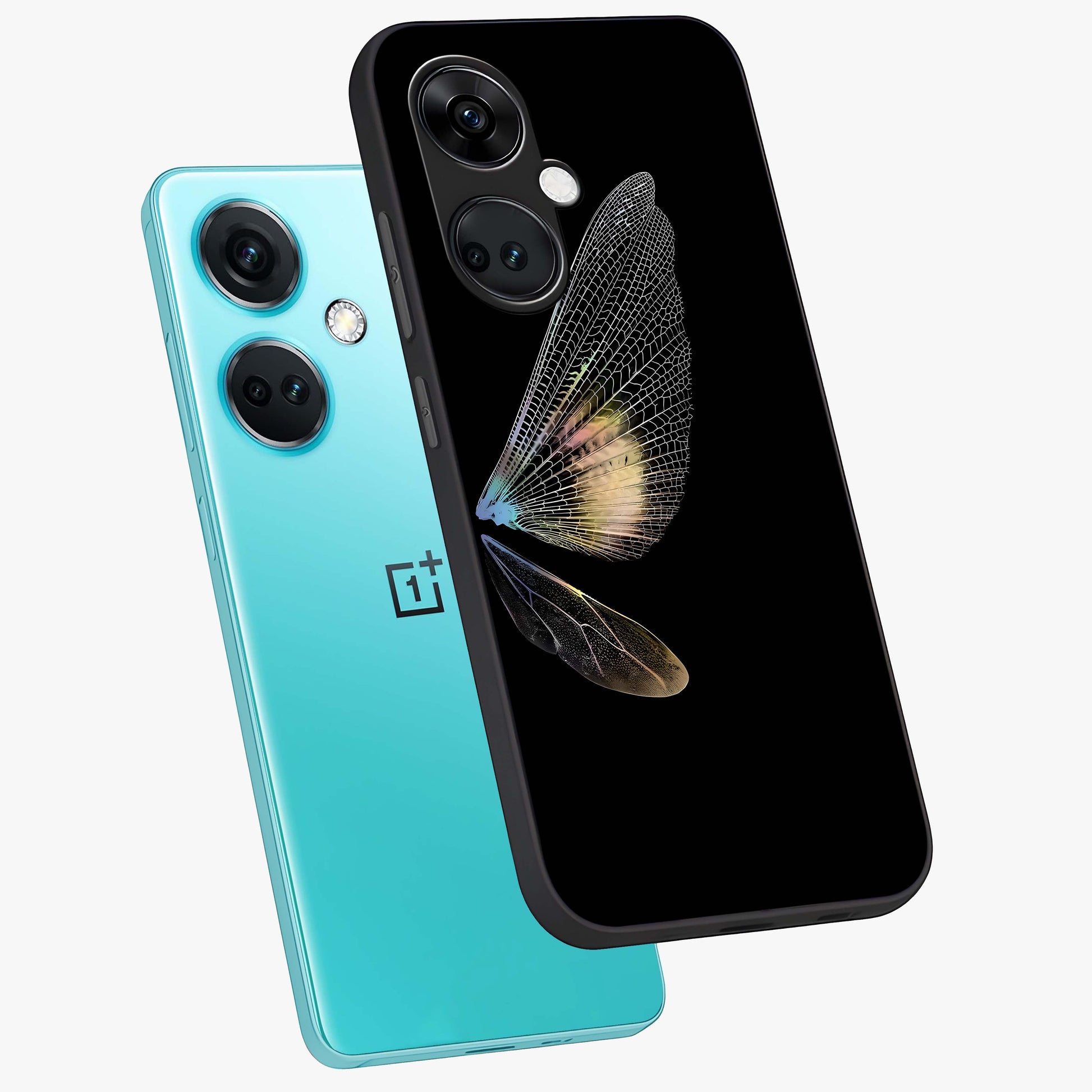 Whispers of Wings Glass Case for 1+Nord Ce 3 angled mockup showcasing glossy finish and soft gradient detailing