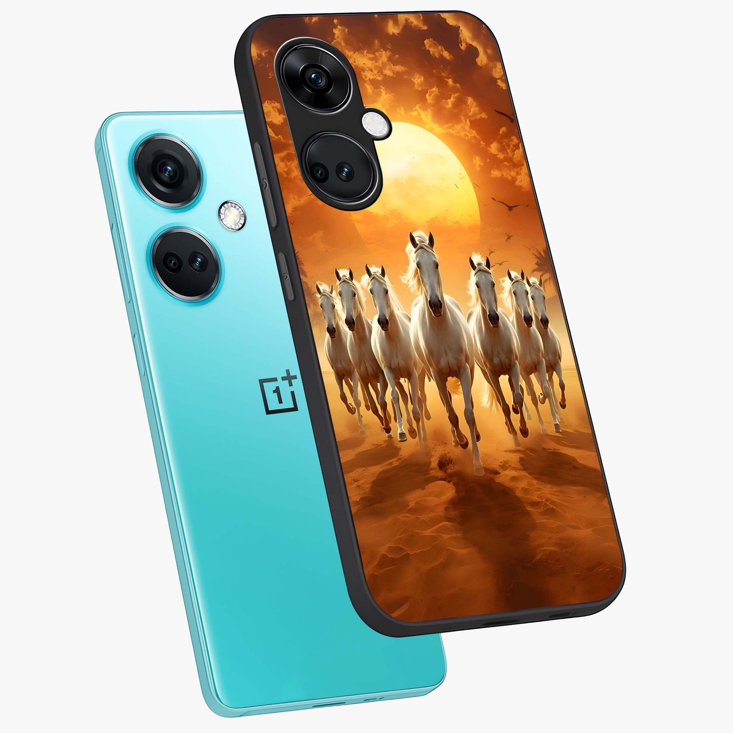 Wild Sunset Majesty Glass Case for 1+Nord CE 3 angled mockup showcasing glossy finish and warm fiery gradients