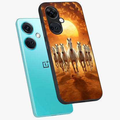 Wild Sunset Majesty Glass Case for 1+Nord CE 3 angled mockup showcasing glossy finish and warm fiery gradients