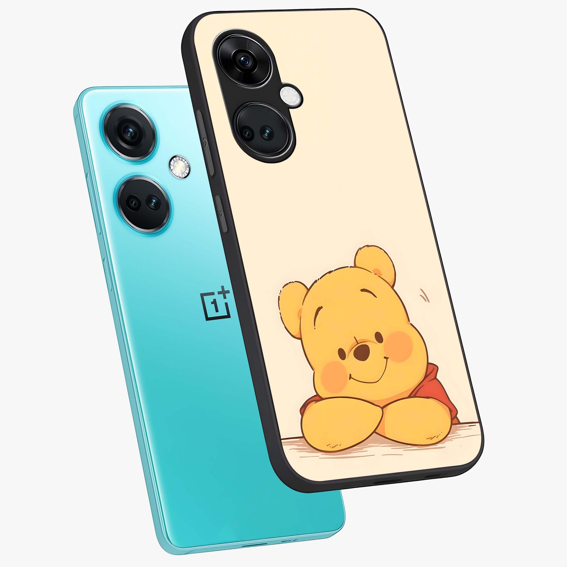 Winniethe Pooh Glass Case for 1+Nord Ce 3 angled mockup showcasing glossy finish and soft playful tones