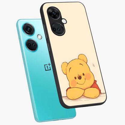 Winniethe Pooh Glass Case for 1+Nord Ce 3 angled mockup showcasing glossy finish and soft playful tones