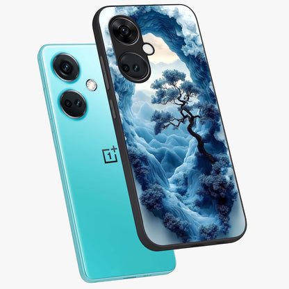 Winter Gate View Glass Case for 1+Nord Ce 3 angled mockup showcasing glossy finish and cool winter gradients