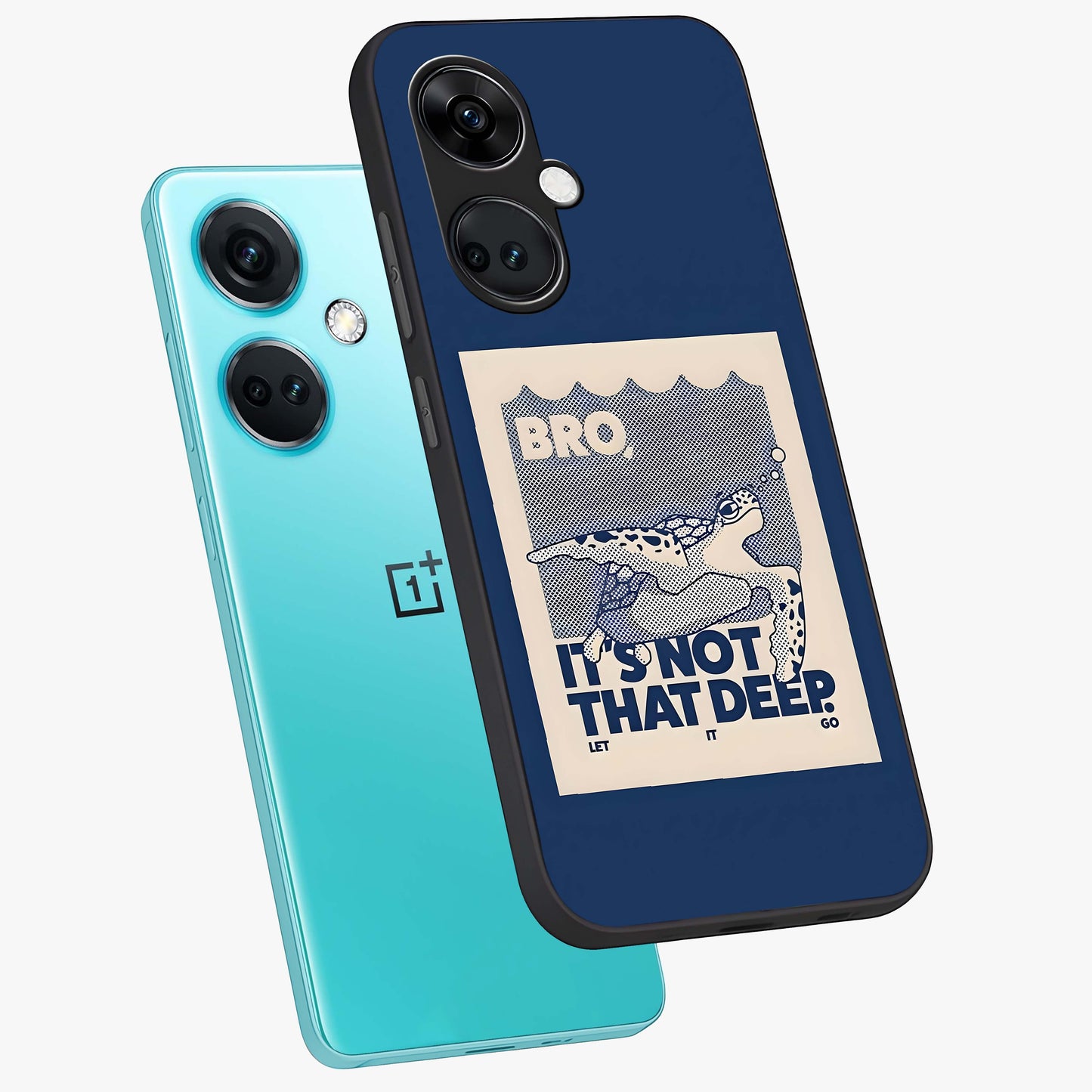 Worry Less Swim Glass Case for 1+Nord Ce 3 angled mockup showcasing glossy finish and fresh ocean tones