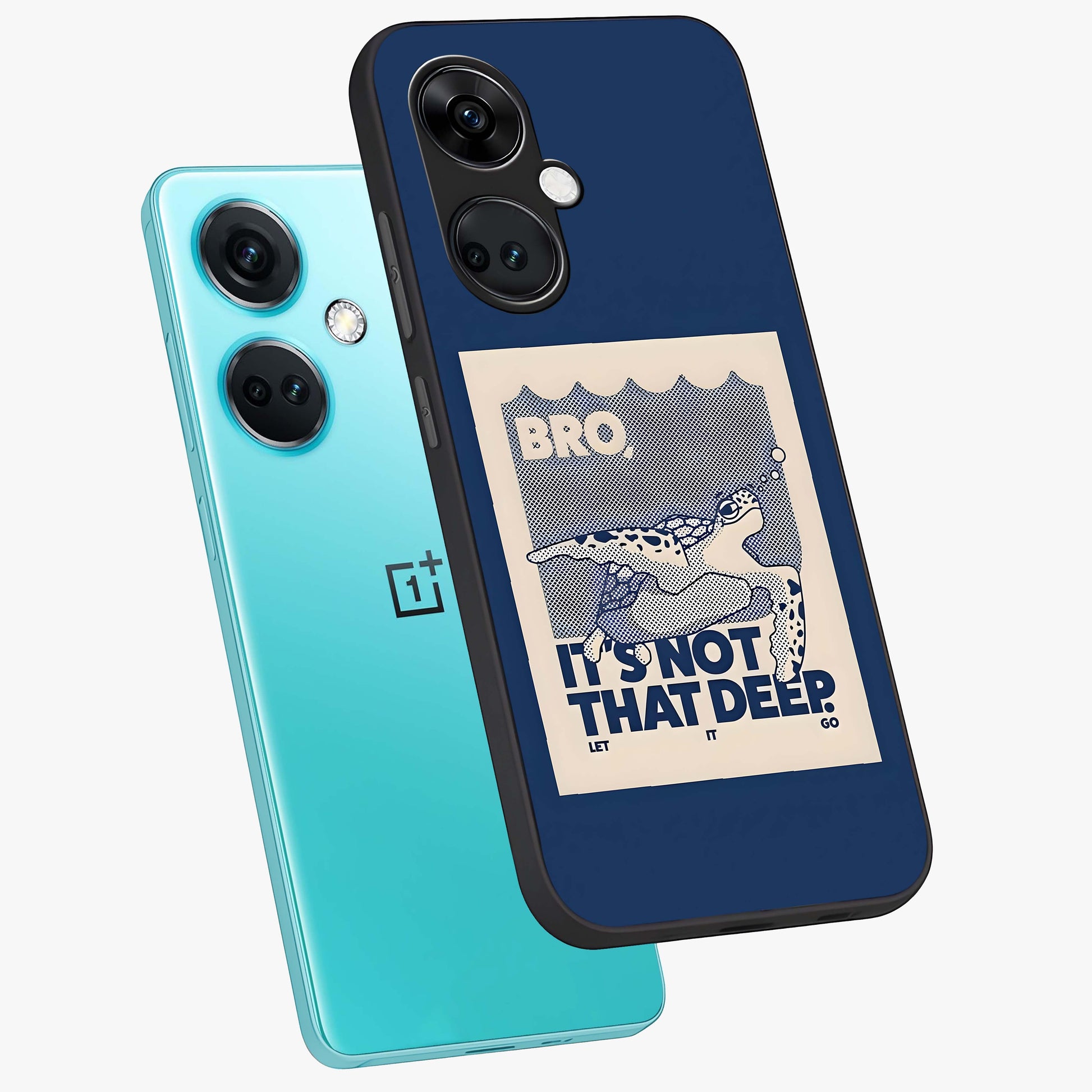 Worry Less Swim Glass Case for 1+Nord Ce 3 angled mockup showcasing glossy finish and fresh ocean tones