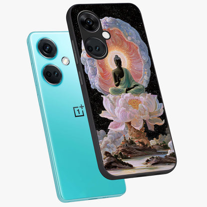 Zen Lotus Realm Glass Case for 1+Nord Ce 3 angled mockup showcasing glossy finish and serene gradient detailing