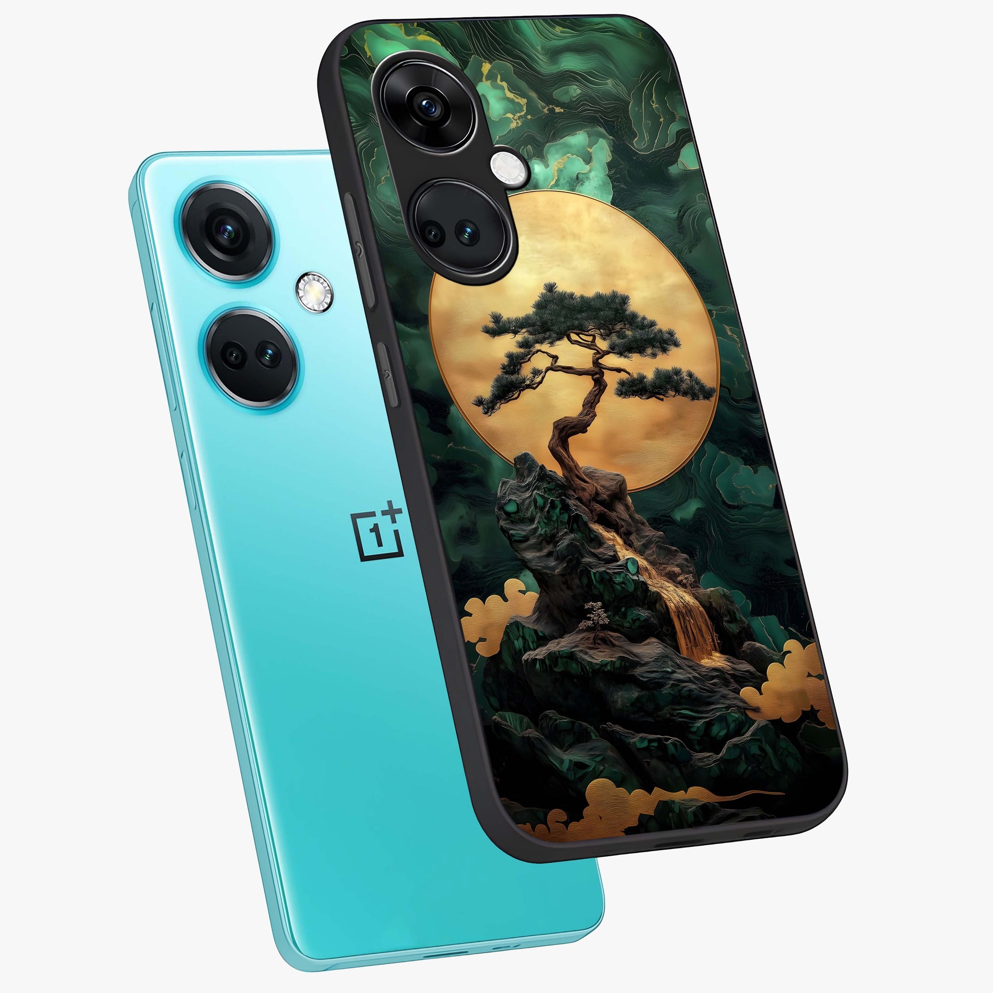 Zen Moon Rise Glass Case for 1+Nord Ce 3 angled mockup showcasing glossy finish and soft night sky tones