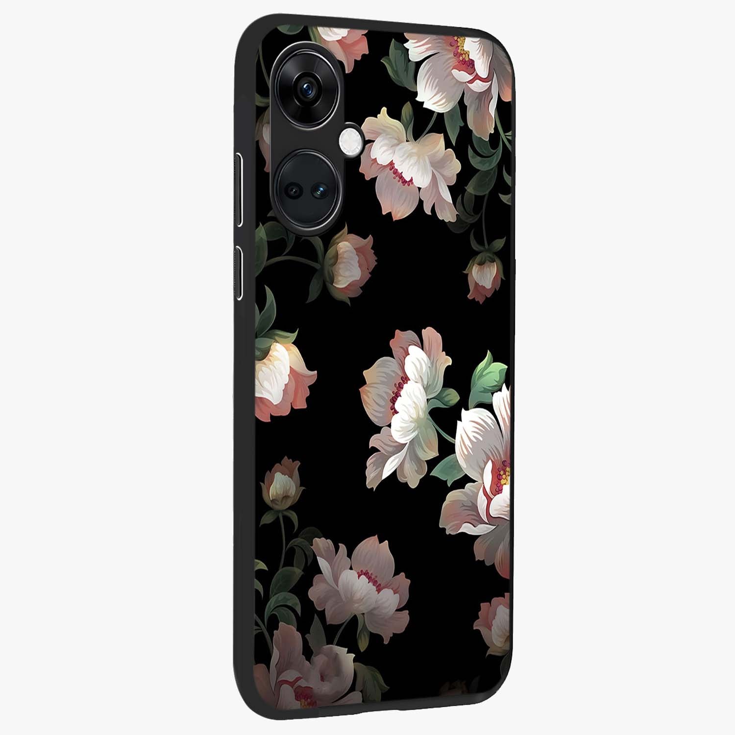 Abstract Embossed Blooming Bright Flower Glass Case for 1+Nord CE 3 side perspective highlighting bright embossed flower texture