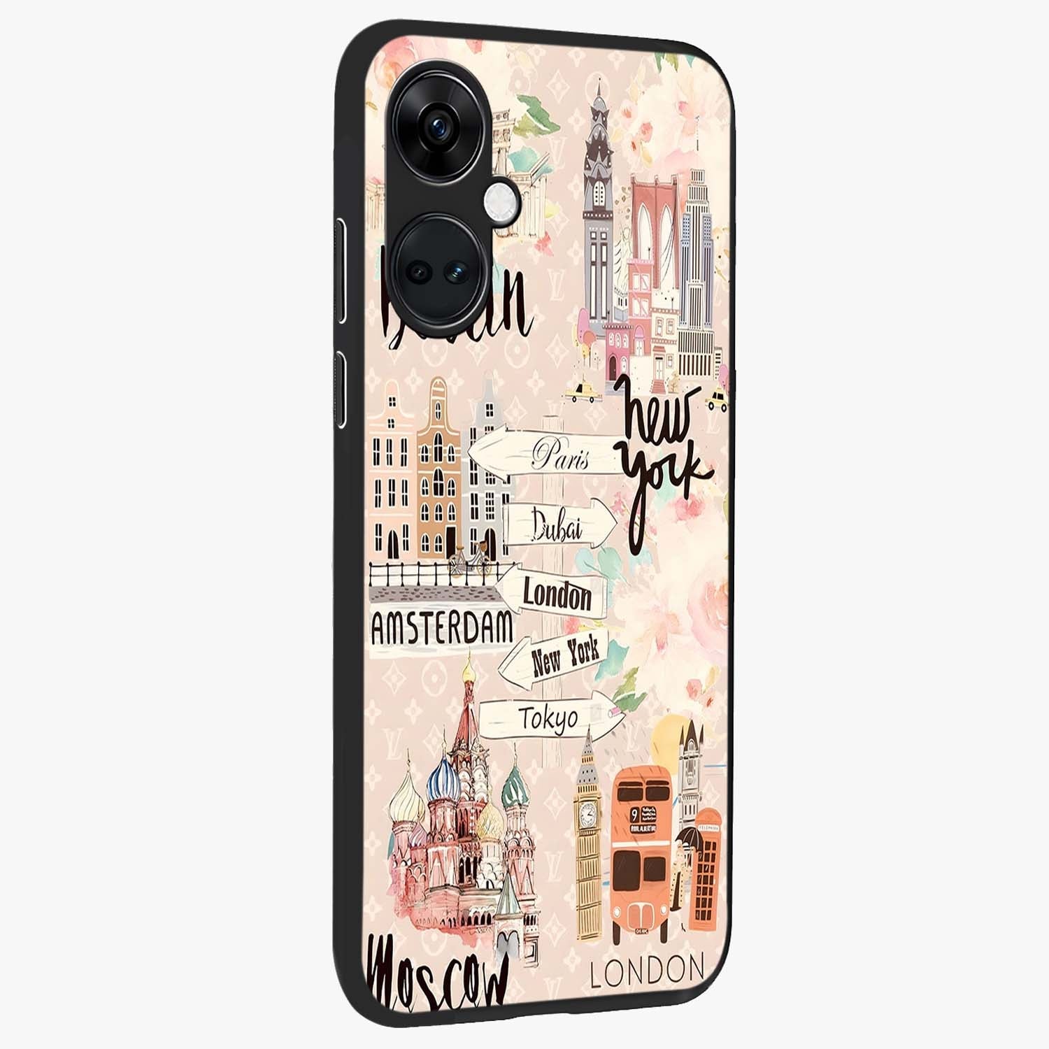 Aesthetic Travel Glass Case for 1+Nord Ce 3 side perspective highlighting bold travel graphic details