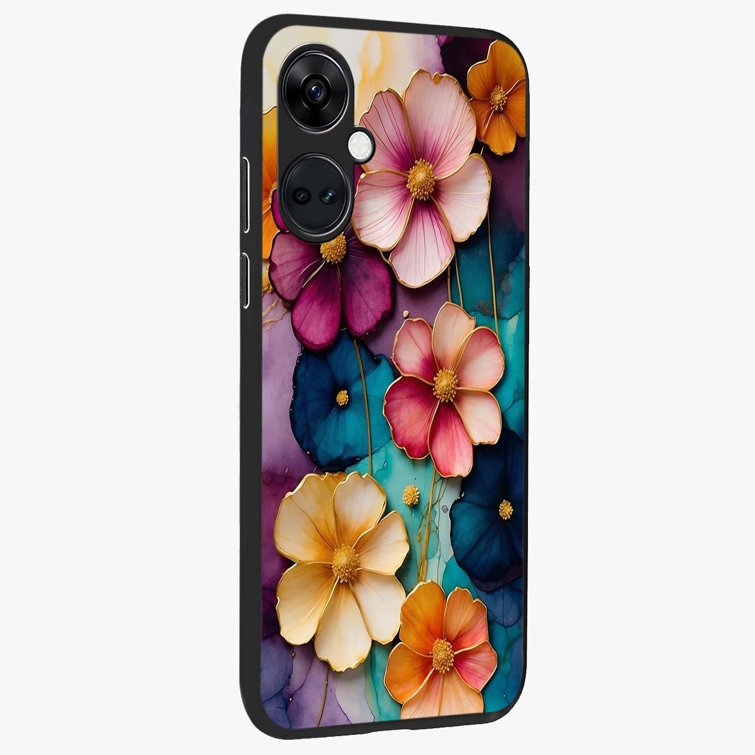 Artlyn Grace Flower Pattern Glass Case for 1+Nord CE 3 side perspective highlighting premium edges and delicate floral design