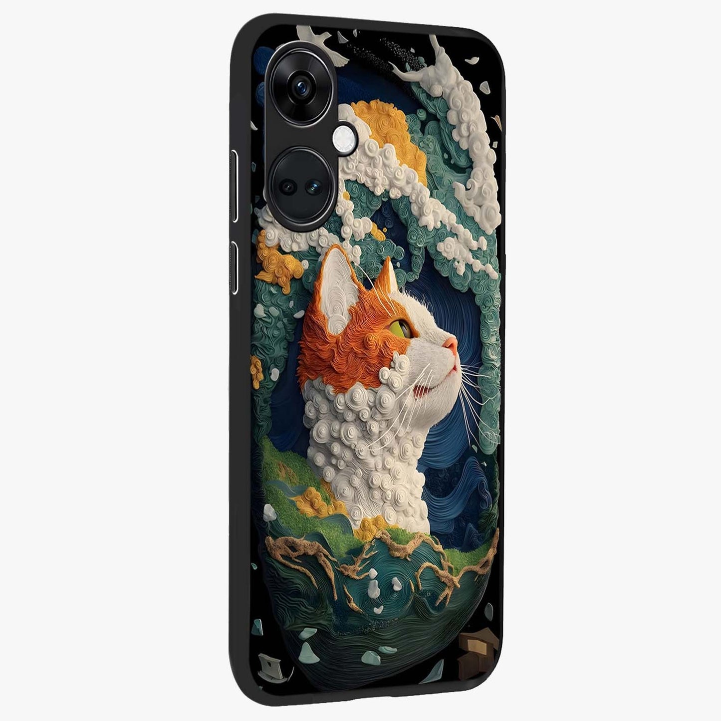 Aurora Cat Dreams Glass Case for 1+Nord CE 3 side perspective highlighting detailed feline illustration and smooth edges