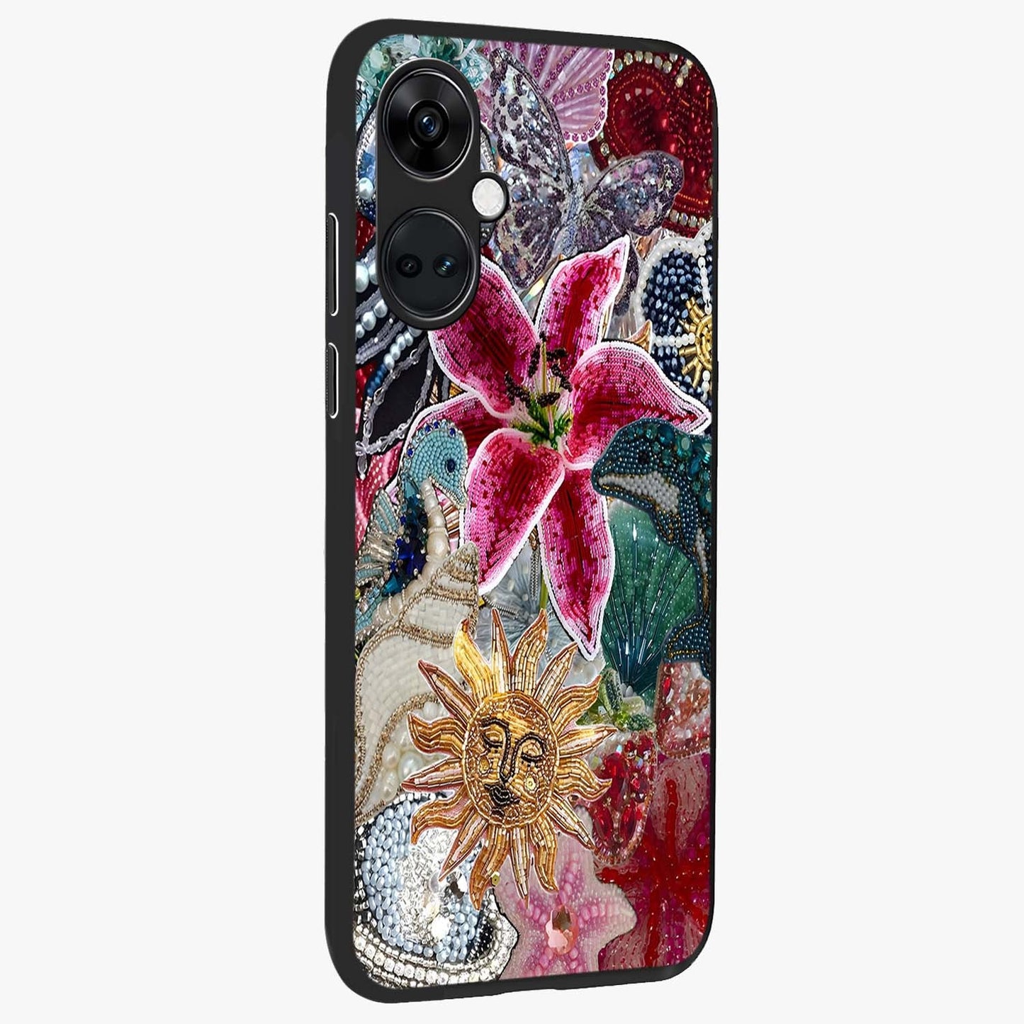 Beaded Garden Fantasy Glass Case for 1+Nord Ce 3 side perspective highlighting intricate bead patterns and vibrant colors