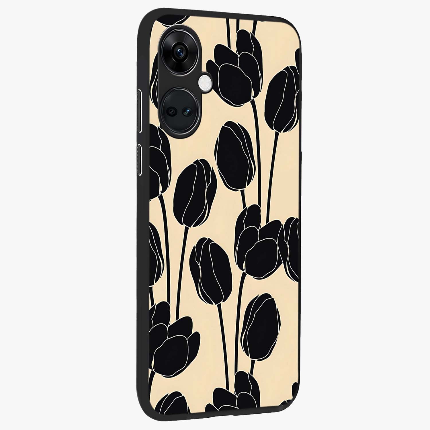 Black Designer Tulip Glass Case for 1+Nord Ce 3 side perspective highlighting bold contrast and stylish tulip illustration