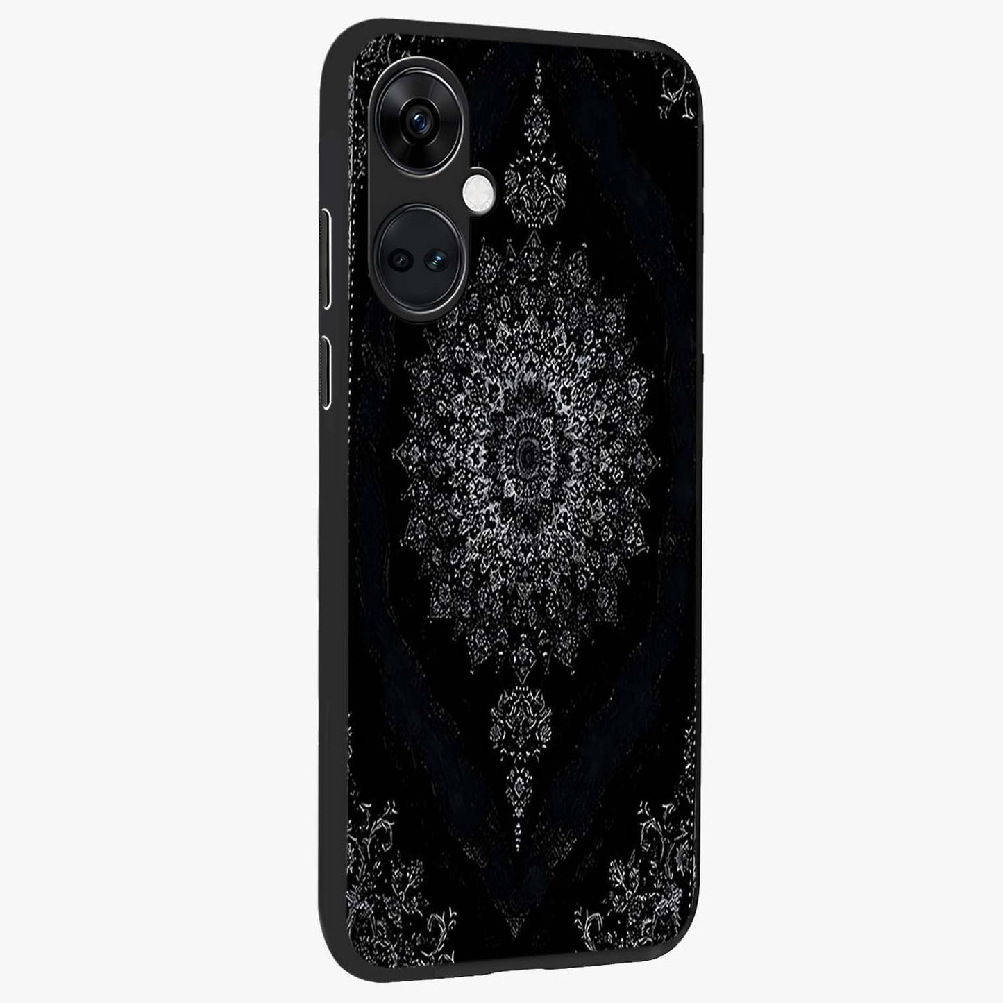 Black Persian Carpet Glass Case for 1+Nord CE 3 side perspective highlighting classic pattern textures and premium build