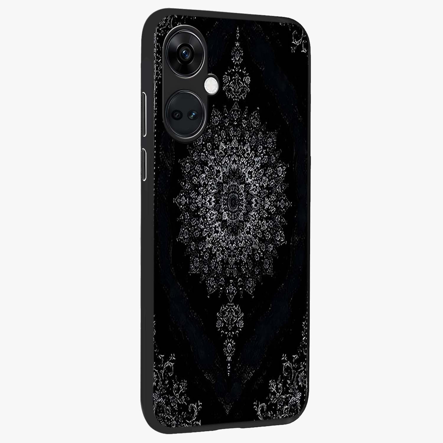 Black Persian Carpet Glass Case for 1+Nord CE 3 side perspective highlighting classic pattern textures and premium build
