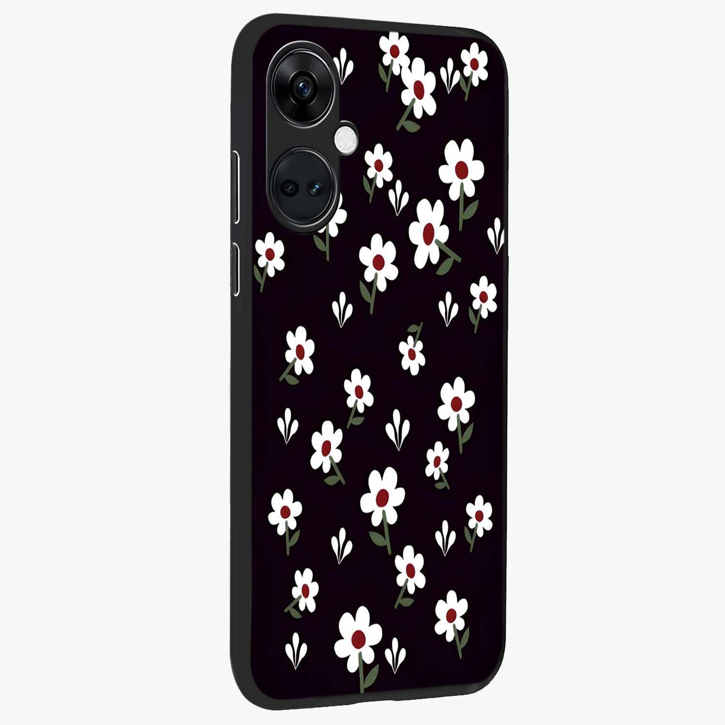 Black Prints Daisy Flower Pattern Glass Case for 1+Nord CE 3 side perspective highlighting delicate daisy details and smooth edges