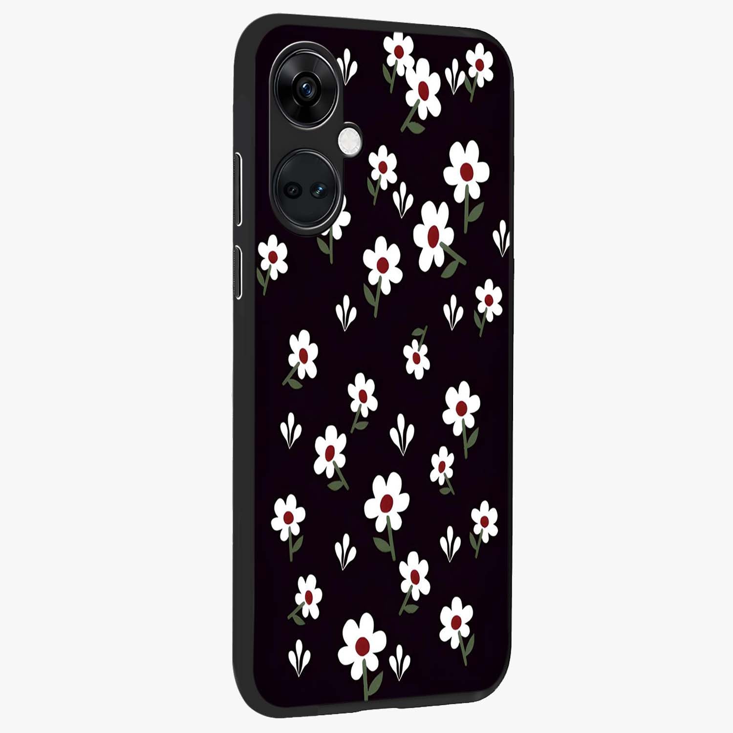 Black Prints Daisy Flower Pattern Glass Case for 1+Nord CE 3 side perspective highlighting delicate daisy details and smooth edges