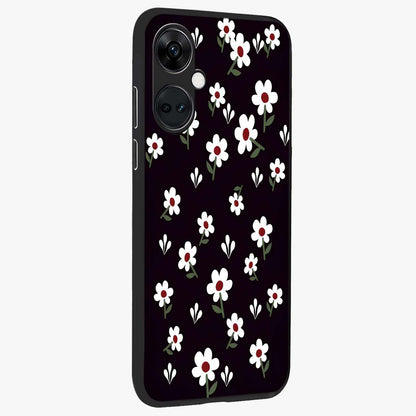 Black Prints Daisy Flower Pattern Glass Case for 1+Nord CE 3 side perspective highlighting delicate daisy details and smooth edges