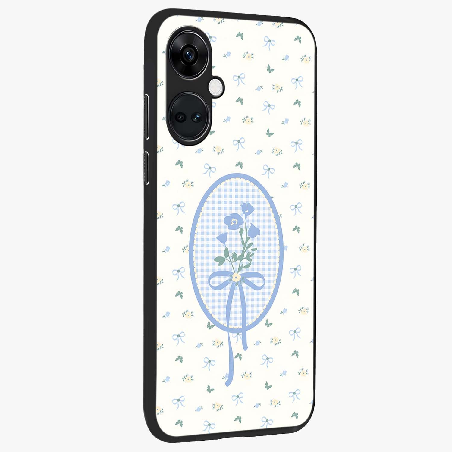 Blue Ribbon Bloom Glass Case for 1+Nord CE 3 side perspective highlighting graceful floral design and premium edges