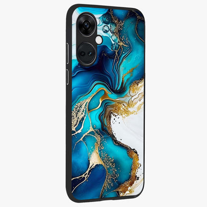 Blue and White Marble With Golden Viens Art Glass Case for 1+Nord Ce 3 side perspective highlighting rich marble textures and elegant gold accents