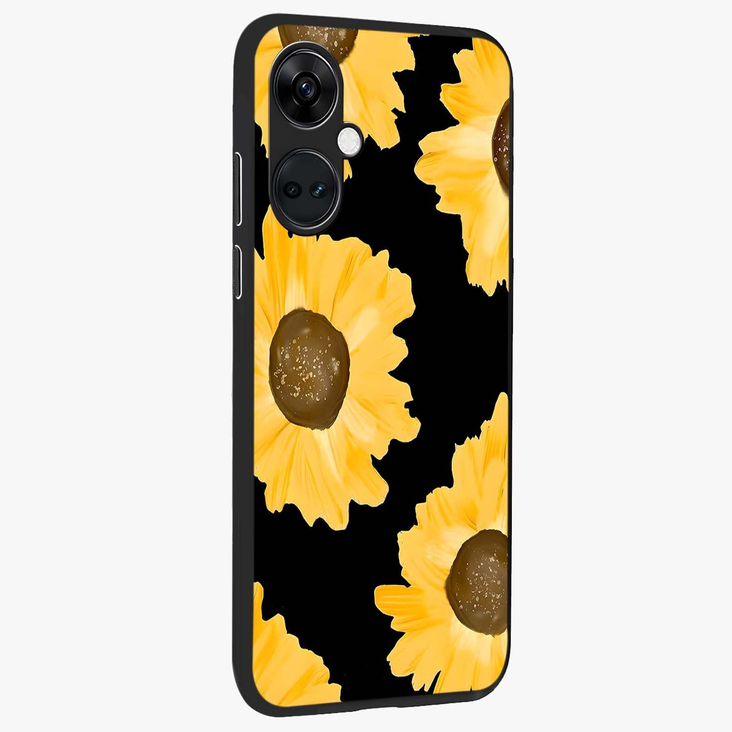 Bold Sunflowers Glow Glass Case for 1+Nord Ce 3 side perspective highlighting rich yellow hues and premium edge finish