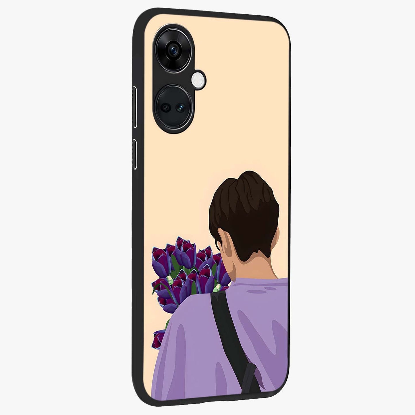 Boy Holding Flowers Glass Case for 1+Nord Ce 3 side perspective highlighting delicate flower details and premium build