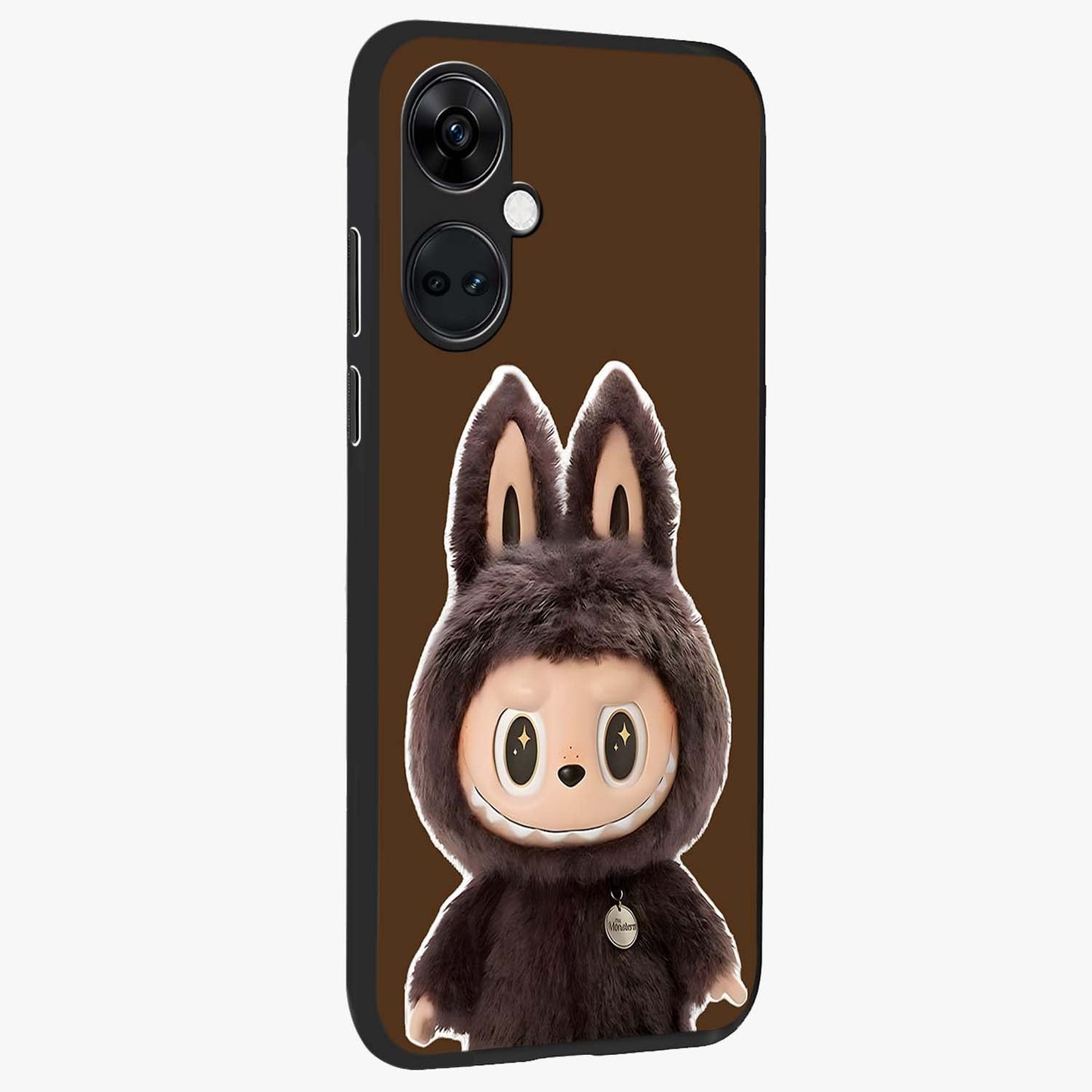 Brown Labubu Design Glass Case for 1+Nord Ce 3 side perspective highlighting charming character detailing and smooth edges