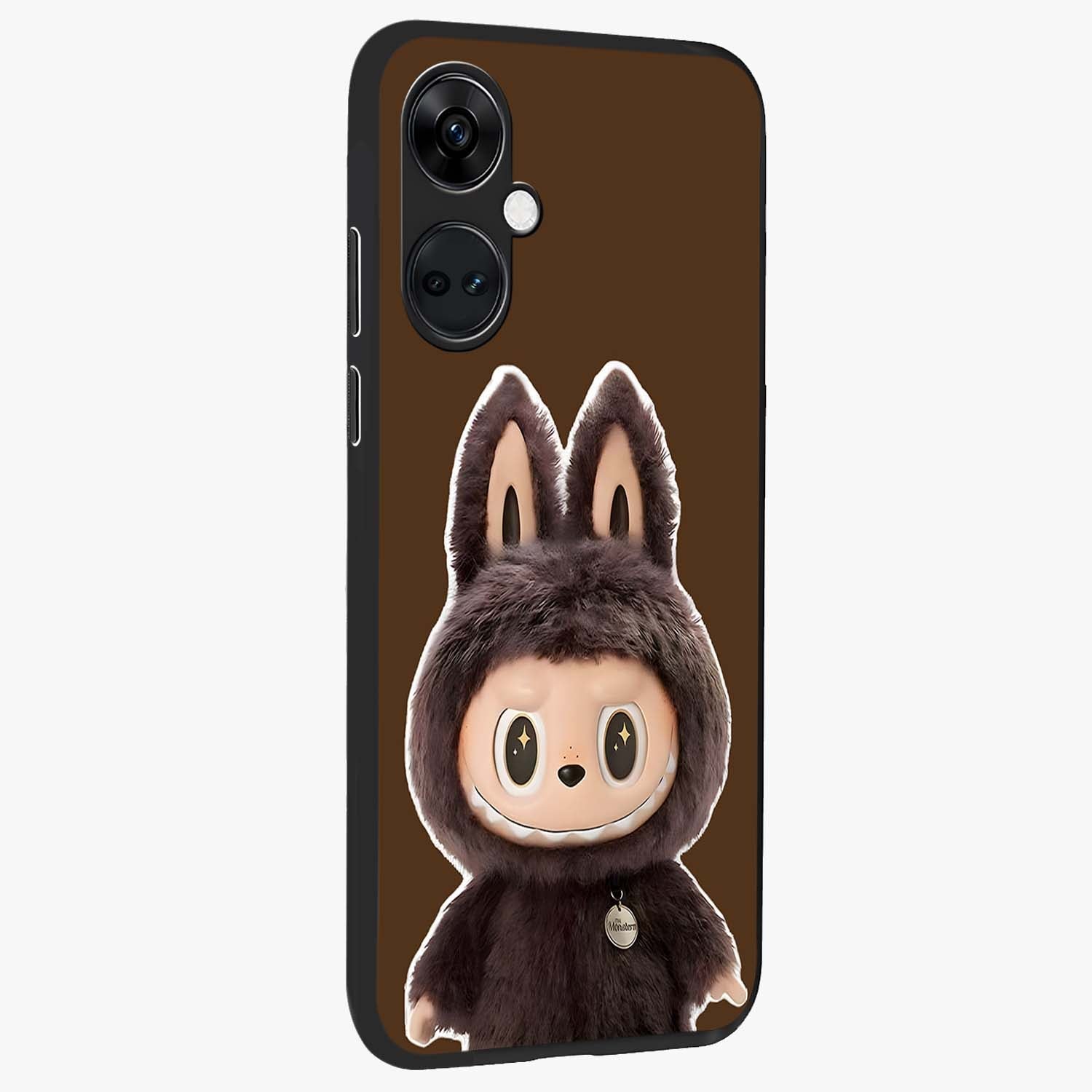 Brown Labubu Design Glass Case for 1+Nord Ce 3 side perspective highlighting charming character detailing and smooth edges
