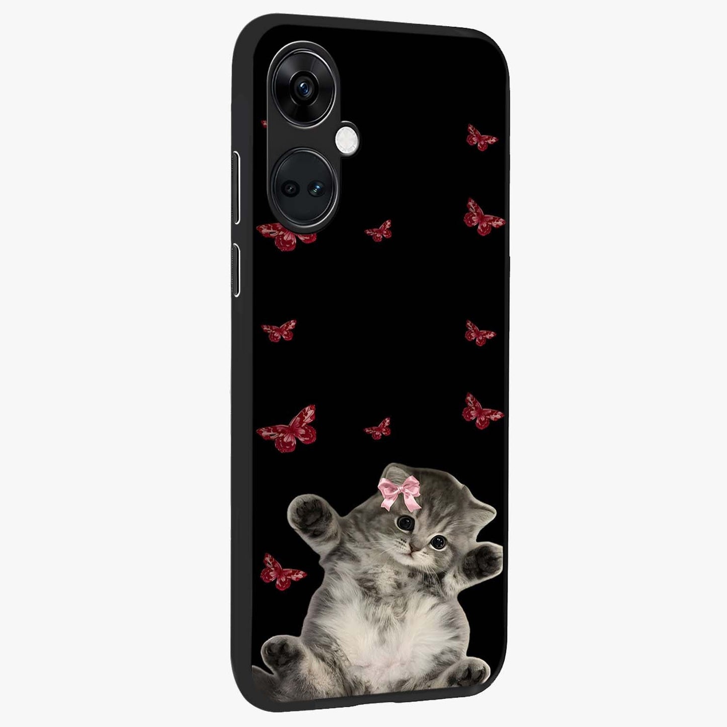 Butterfly Cat Bliss Glass Case for 1+Nord Ce 3 side perspective highlighting delicate butterfly detailing and smooth edges