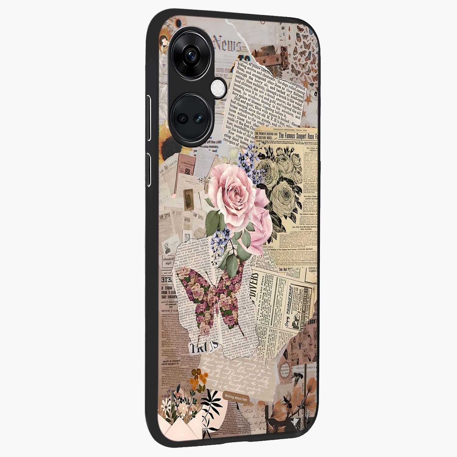 Butterfly News Bloom Glass Case for 1+Nord Ce 3 side perspective highlighting intricate bloom details and premium finish