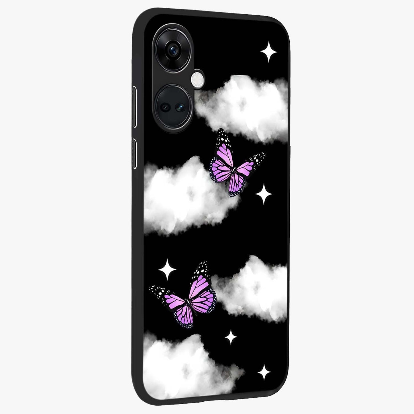 Butterfly Night Drift Glass Case for 1+Nord Ce 3 side perspective highlighting glowing butterfly details and sleek edges