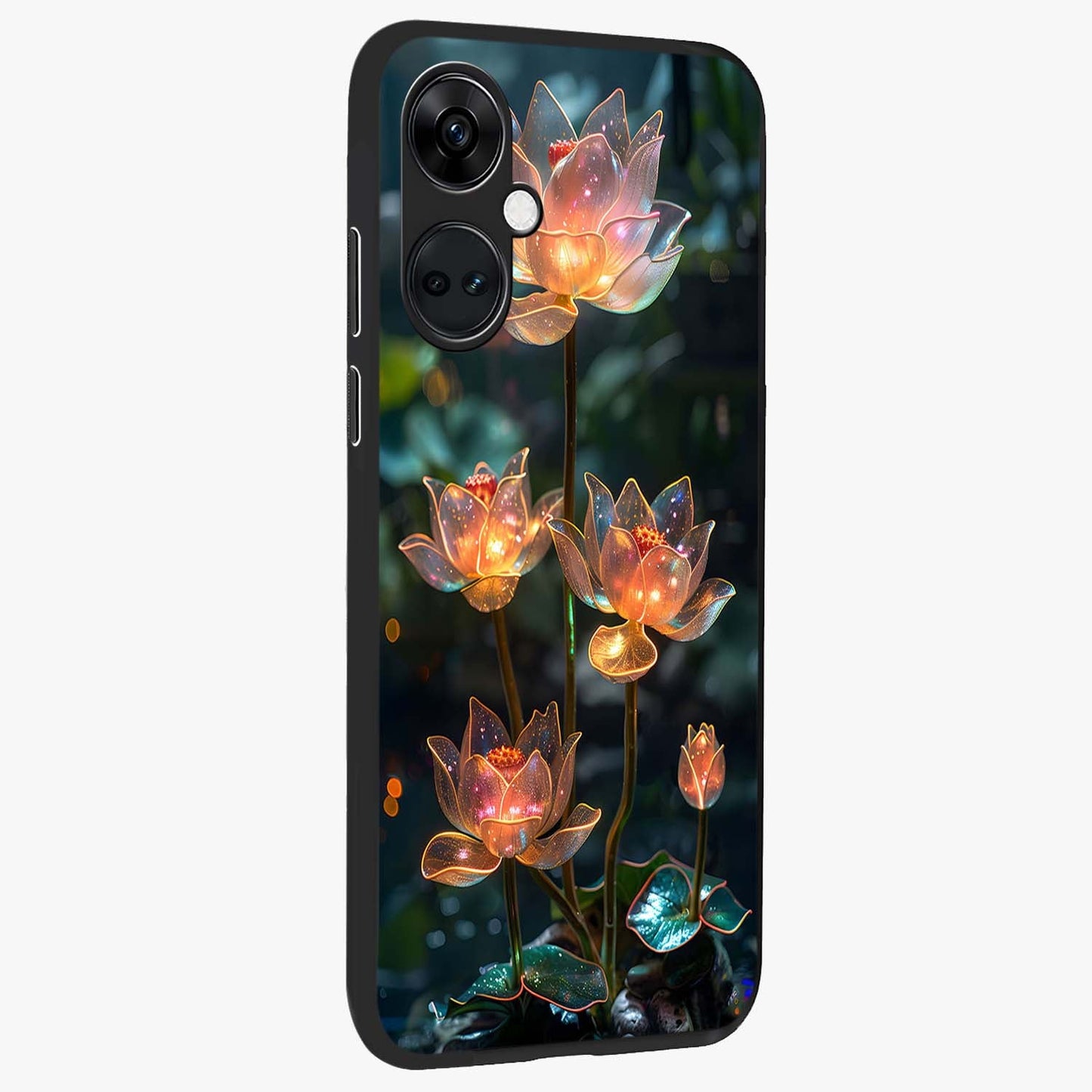 Celestial Lotus Light Glass Case for 1+Nord CE 3 side perspective highlighting delicate lotus detailing and premium finish